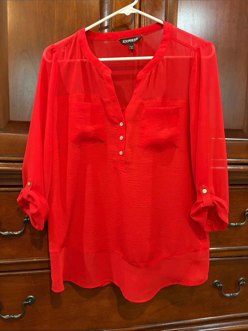Express Bright Red Sheer Button-Front Blouse